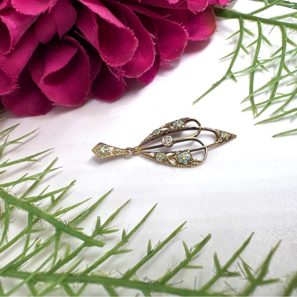 Vintage ⚜️ 14K Gold Enameled Art Nouveau Teardrop Pendant - Picture 3 of 12